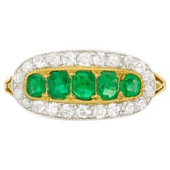 Victorian Emerald and Diamond Five-Stone Cluster Ring, circa 1880s Antique Victorian Emerald and Diamond Five-Stone Cluster Ring, circa 1880s