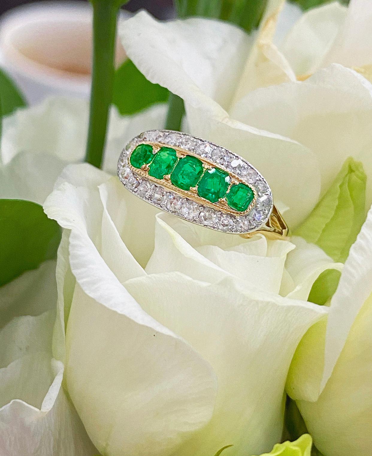 Victorian Emerald and Diamond Five-Stone Cluster Ring, circa 1880s 3