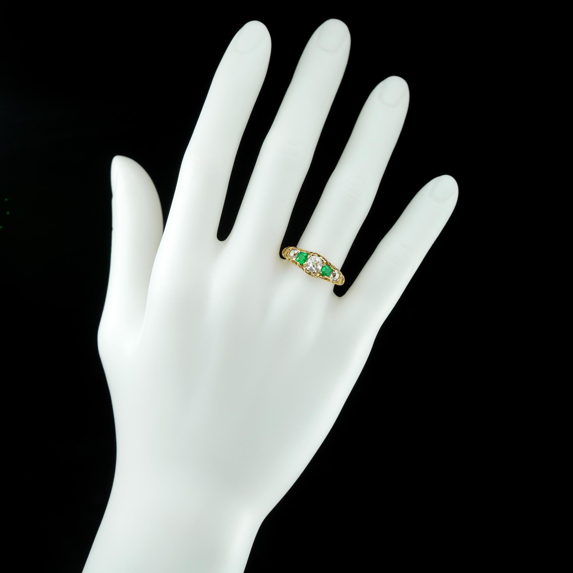 Emerald Cut Victorian Emerald and Diamond Five-Stone Gold Ring For Sale