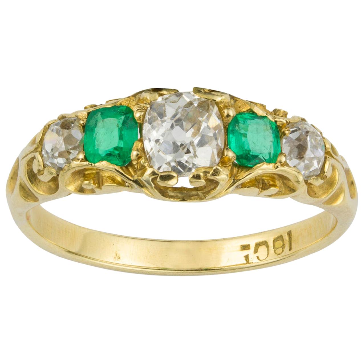 Victorian Emerald and Diamond Five-Stone Gold Ring