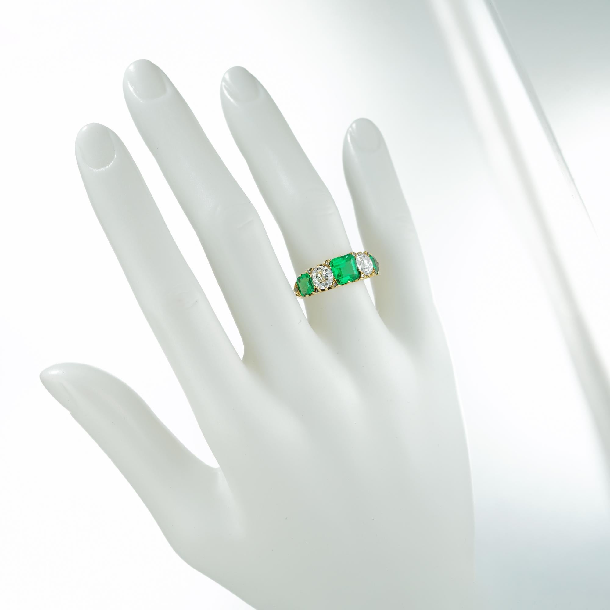 Old European Cut Victorian Emerald and Diamond Five-Stone Ring For Sale