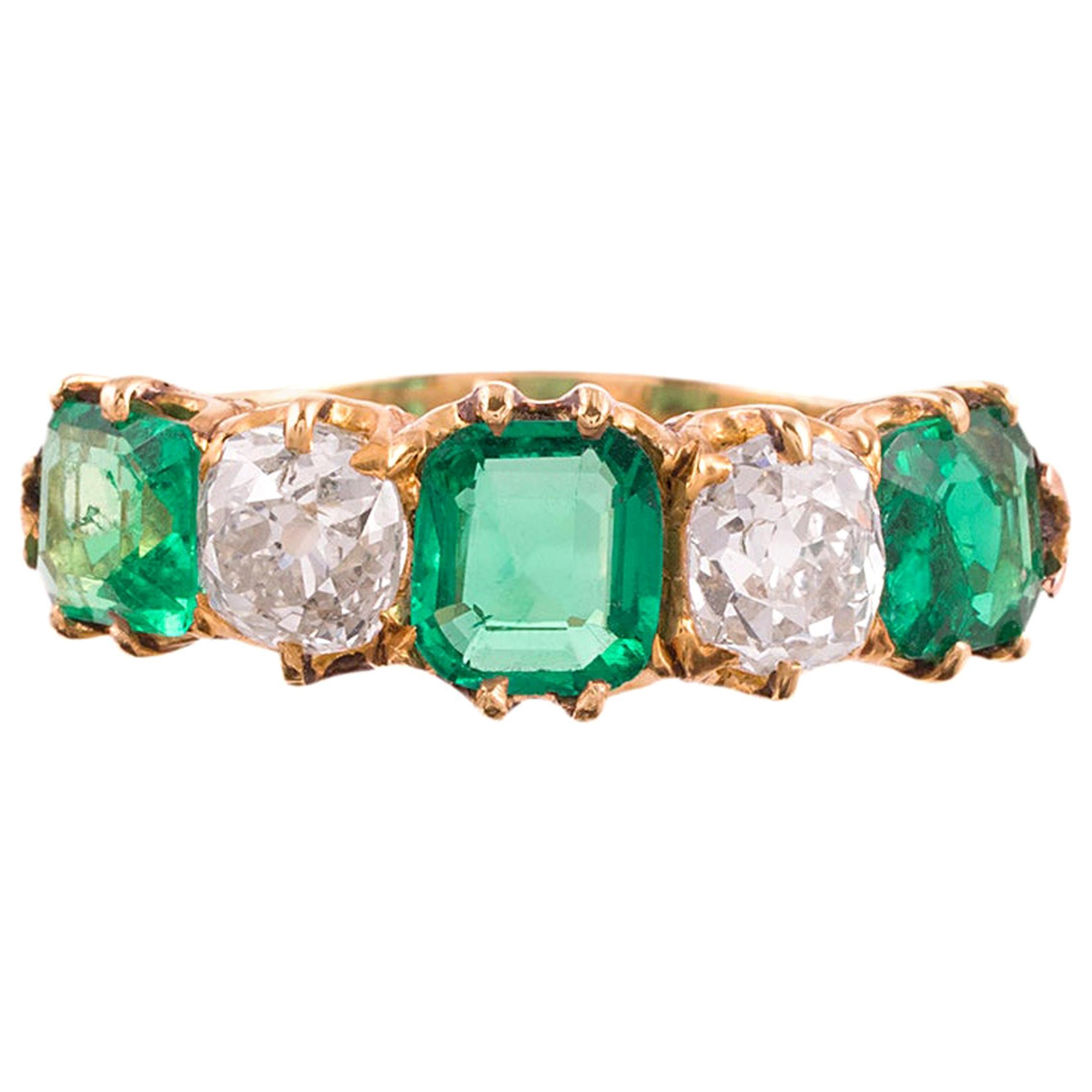 Victorian Emerald and Diamond Five-Stone Ring