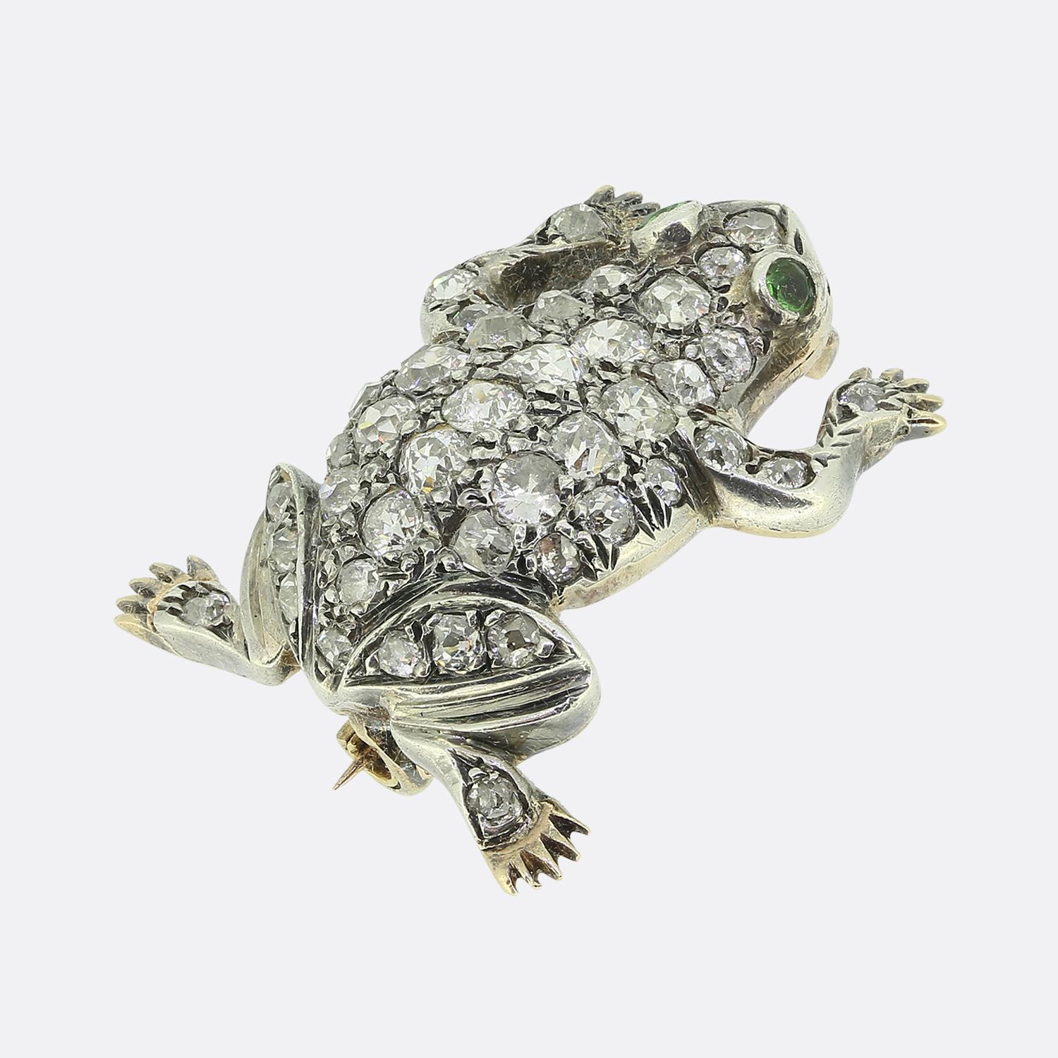 Old Mine Cut Victorian Emerald and Diamond Frog Brooch For Sale