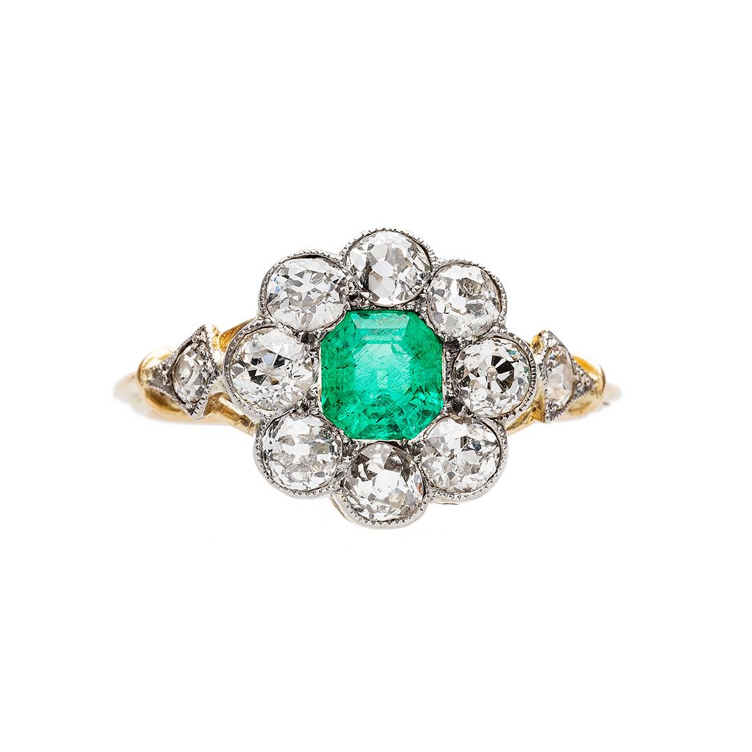 Victorian Emerald and Diamond Gold and Platinum Halo Engagement Ring