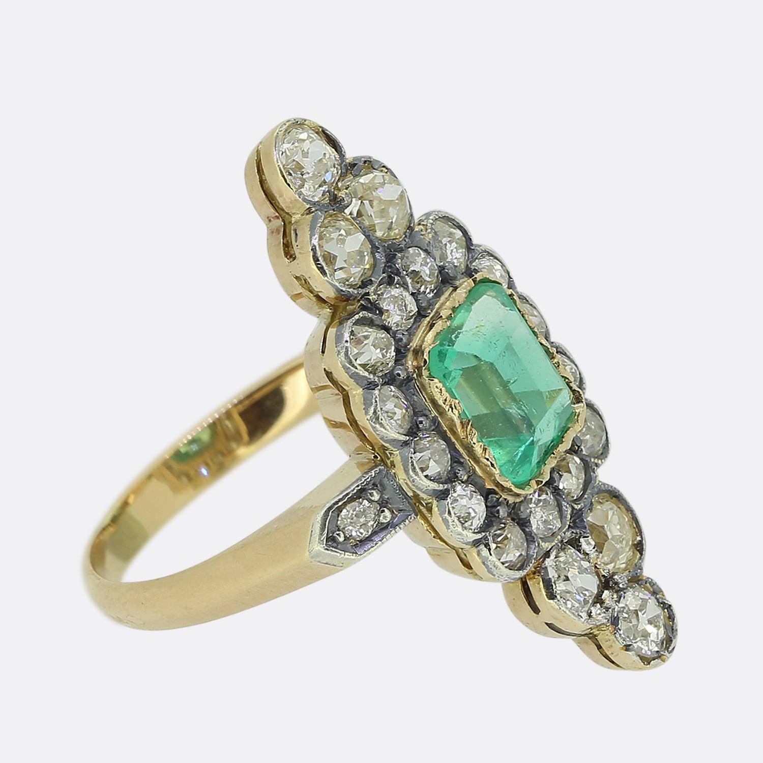 Cushion Cut Victorian Emerald and Diamond Navette Ring For Sale