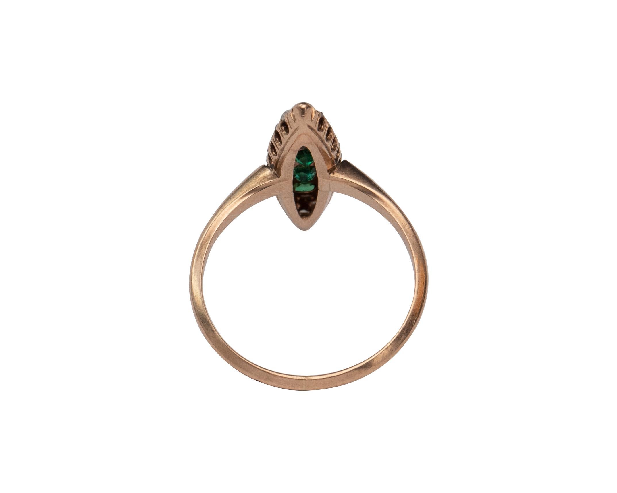 Rose Cut Victorian Emerald and Diamond Rose Gold Navette Ring