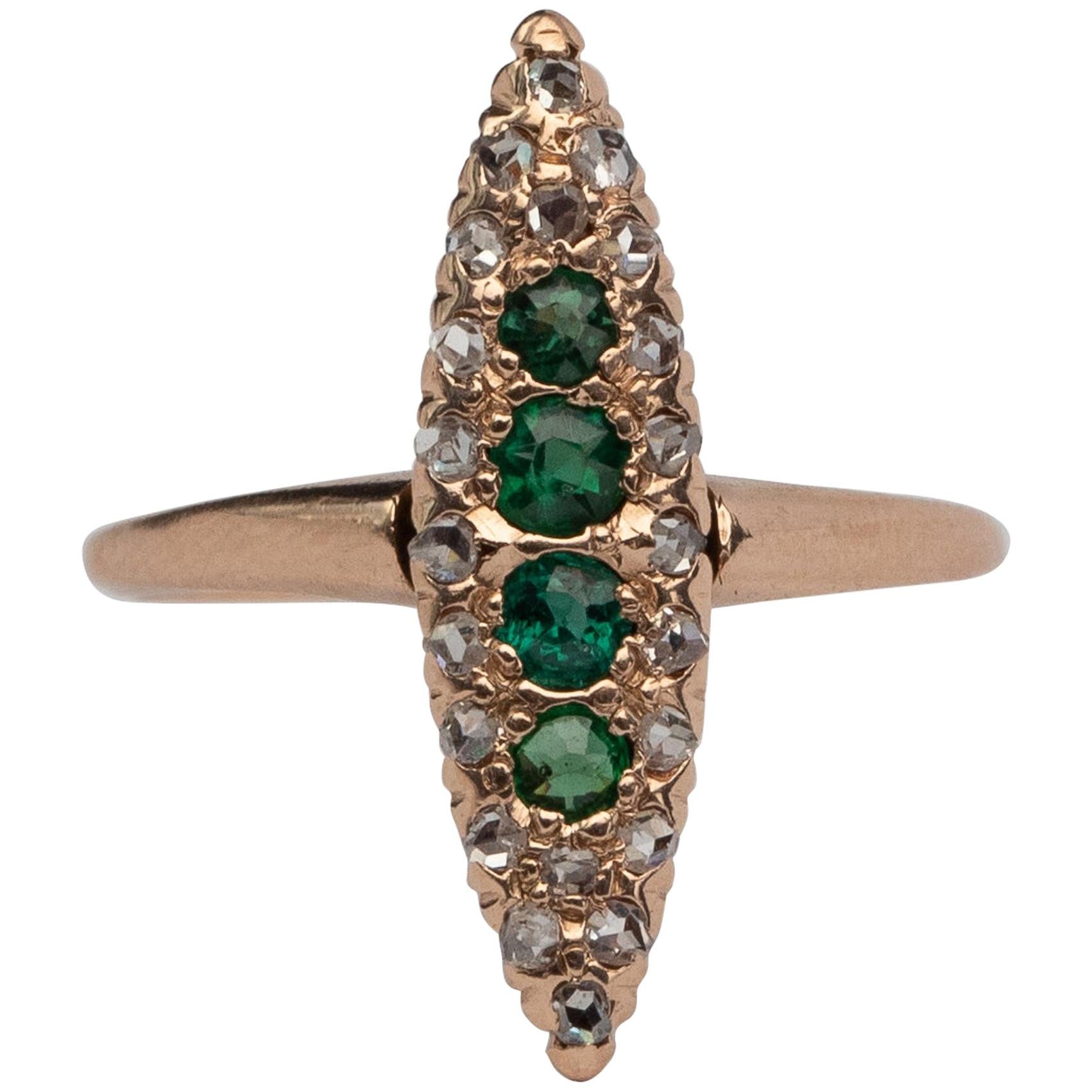 Victorian Emerald and Diamond Rose Gold Navette Ring