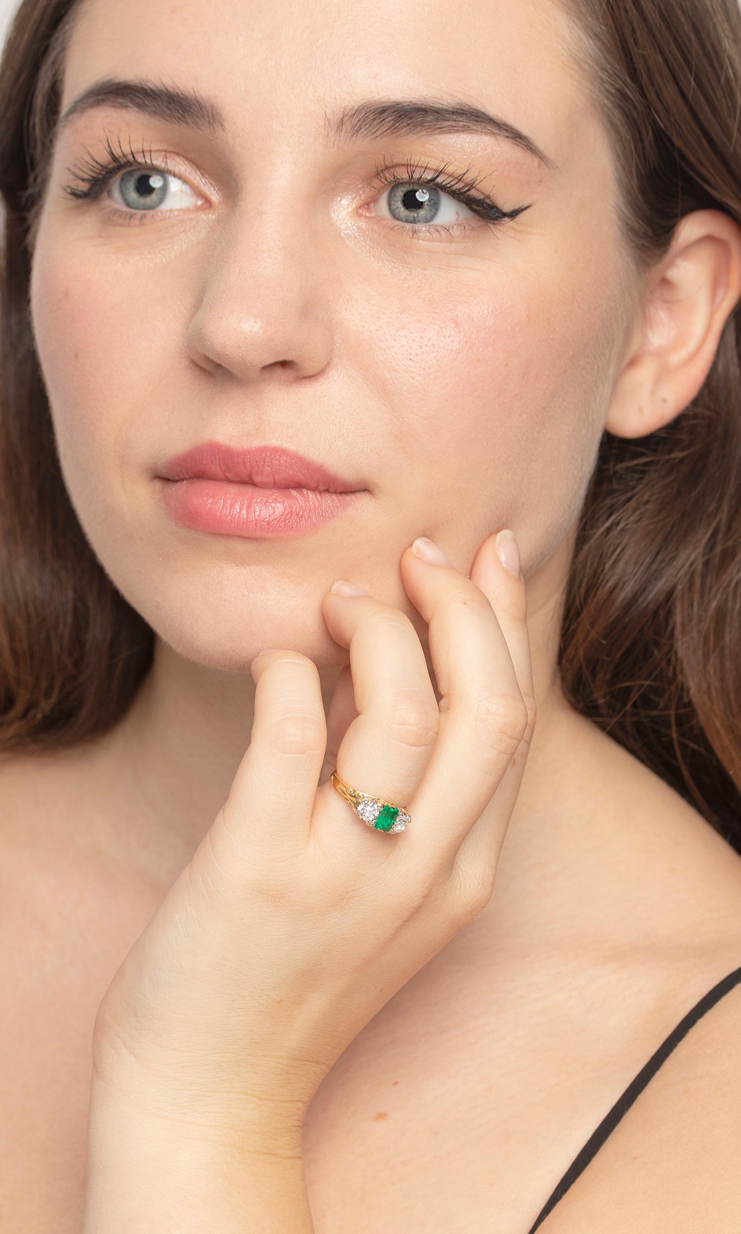 Victorian Emerald and Diamond Three-Stone Ring, circa 1880s 1