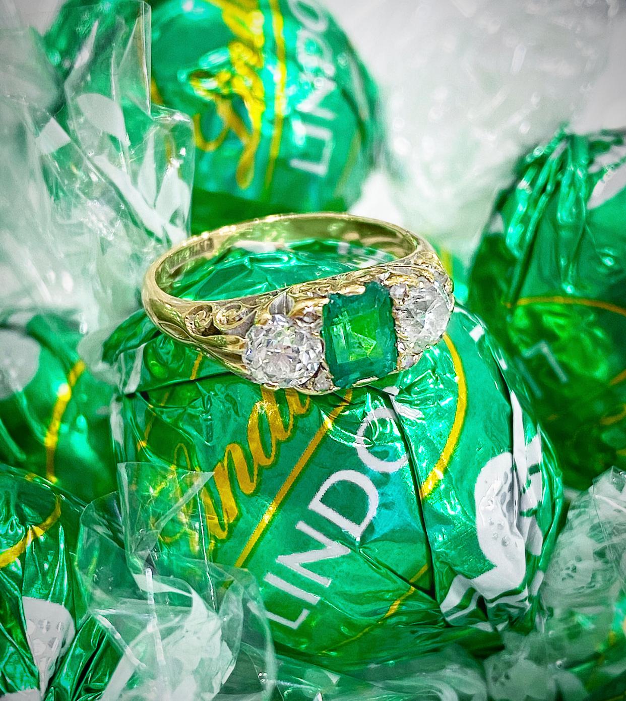 Victorian Emerald and Diamond Three-Stone Ring, circa 1880s 2