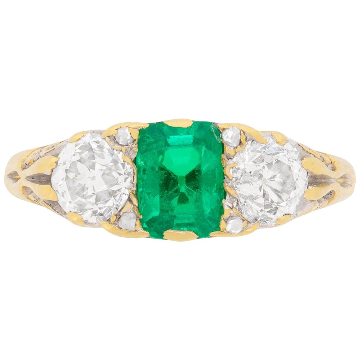 Victorian Emerald and Diamond Three-Stone Ring, circa 1880s