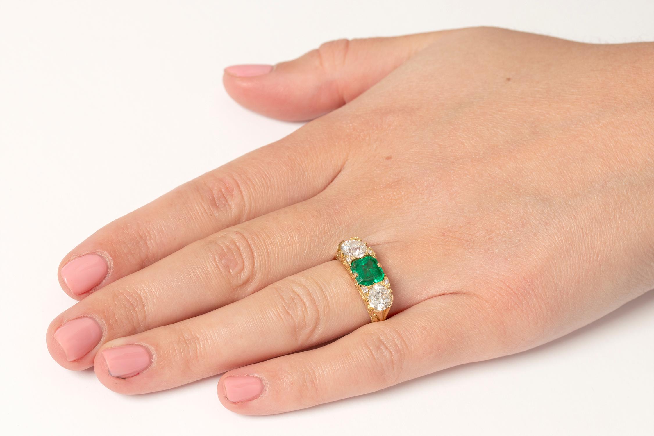 Victorian Emerald and Diamond Three-Stone Ring, circa 1900s 1