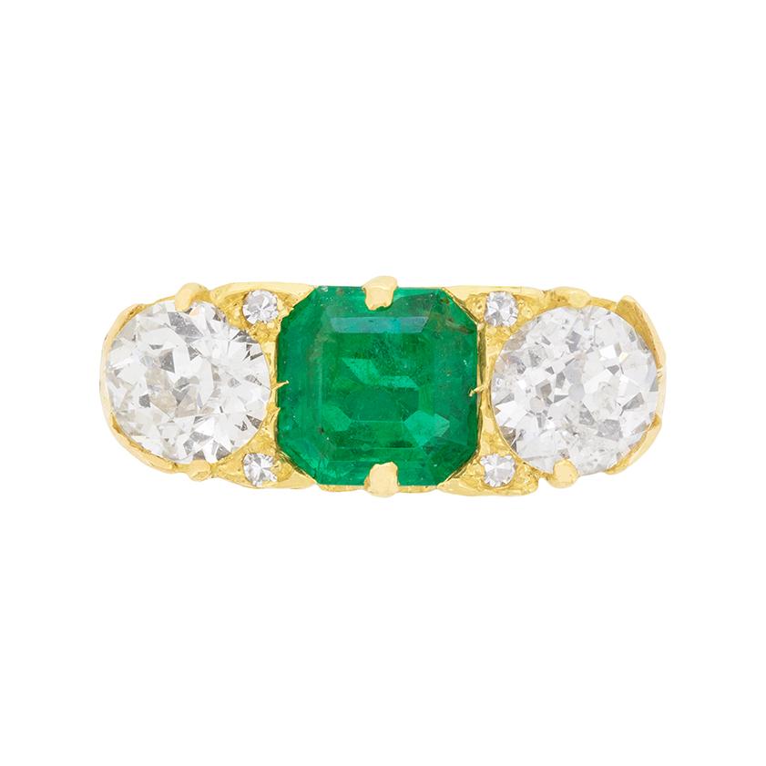 Victorian Emerald and Diamond Three-Stone Ring, circa 1900s