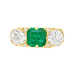 Victorian Emerald and Diamond Three-Stone Ring, circa 1900s