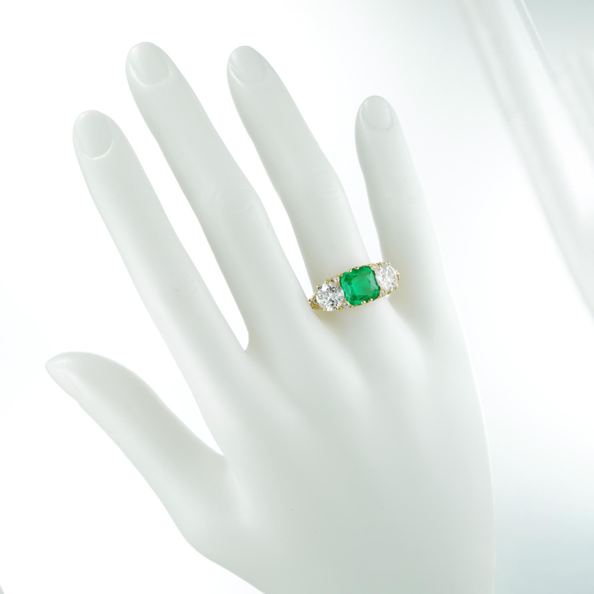 Late Victorian Victorian Emerald and Diamond Three-Stone Ring For Sale
