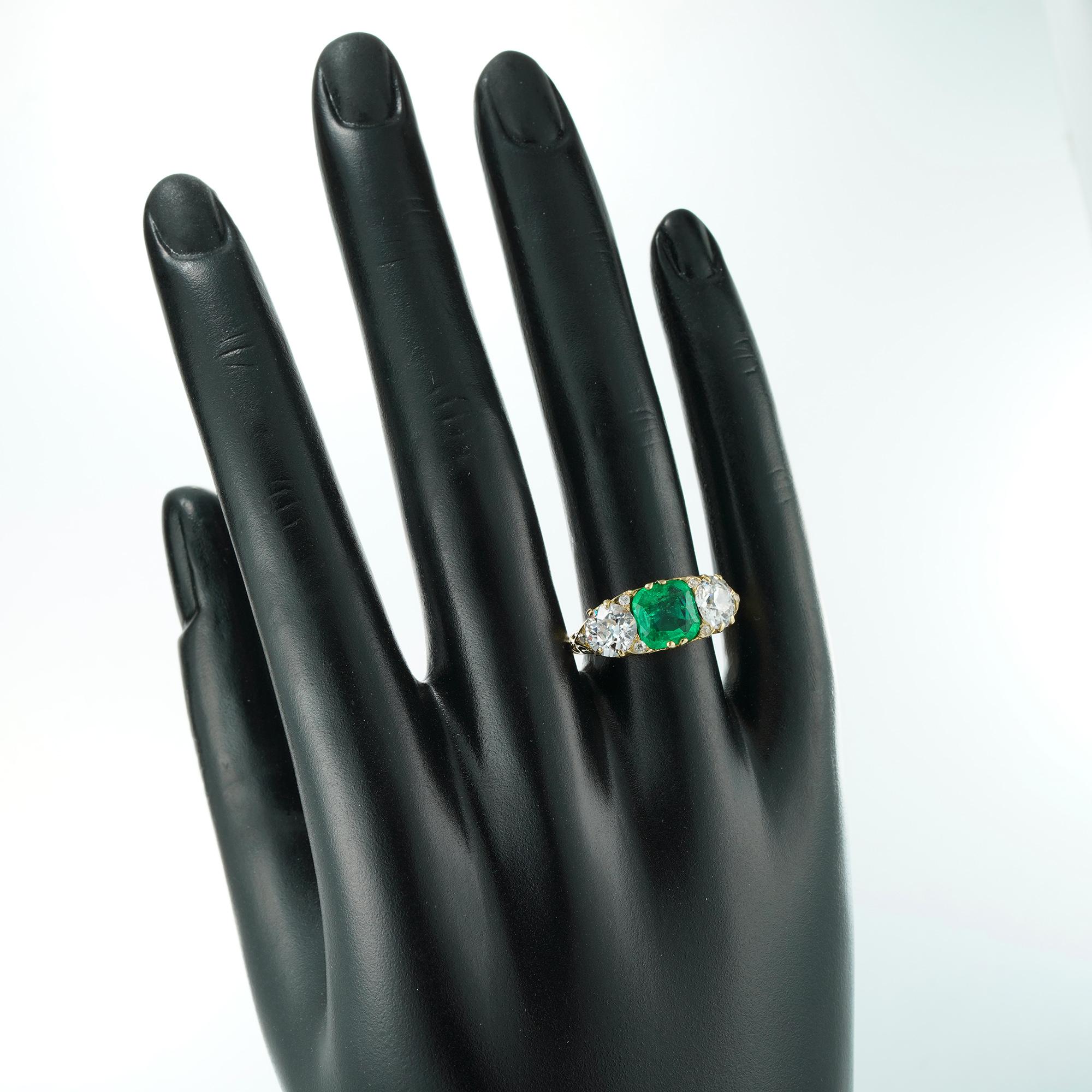 Old European Cut Victorian Emerald and Diamond Three-Stone Ring For Sale