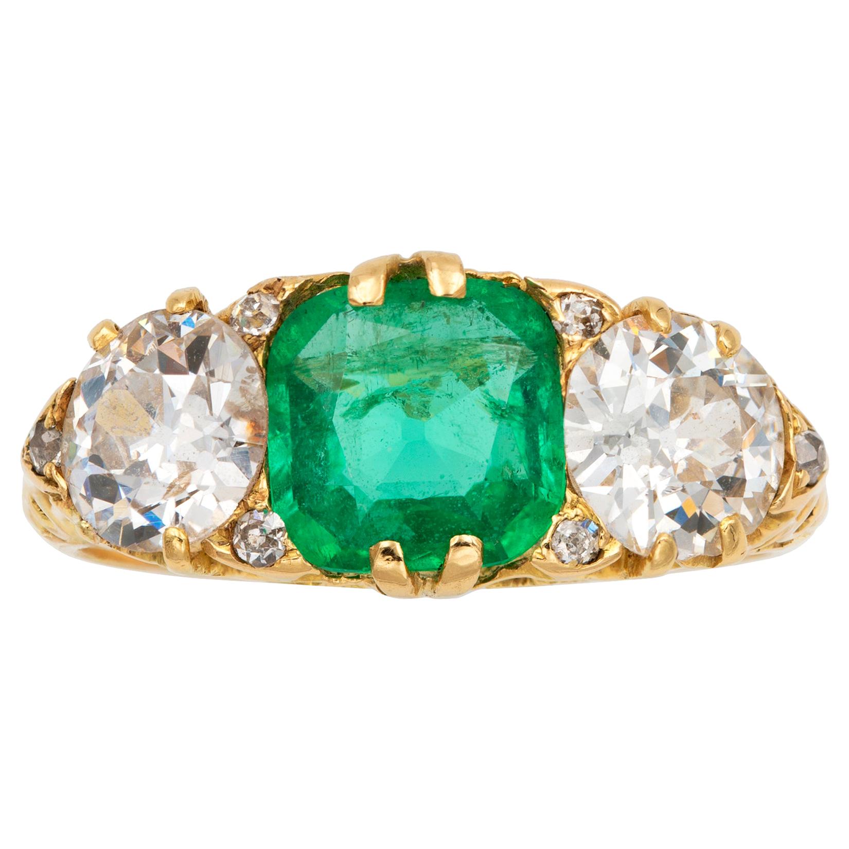 Victorian Emerald and Diamond Three-Stone Ring