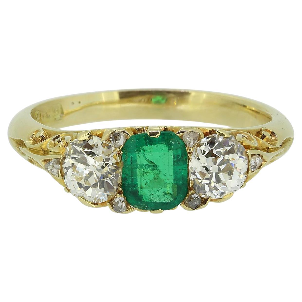 Victorian Emerald and Diamond Three-Stone Ring
