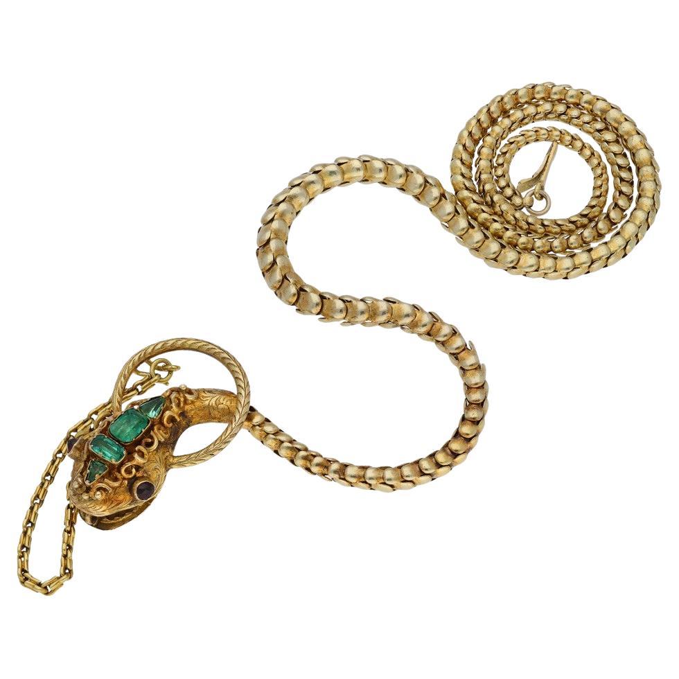 Victorian Emerald and Garnet Snake Necklace, circa 1880