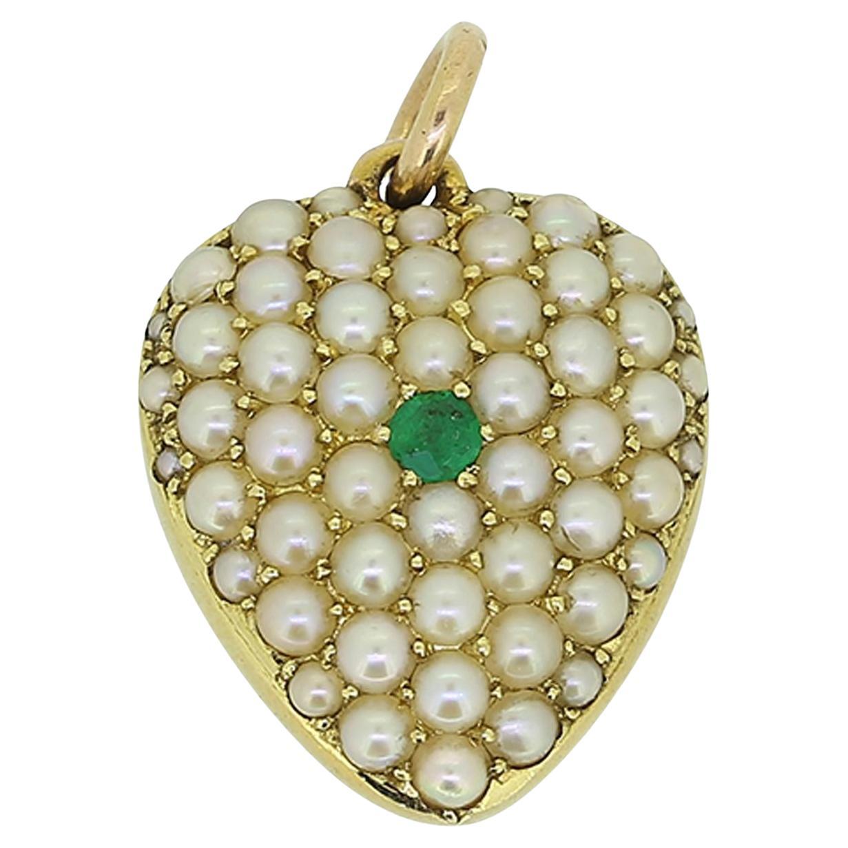 Victorian Emerald and Pearl Heart Locket Pendant For Sale