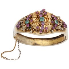 Antique Victorian Emerald And Ruby Handmade Gold Bangle Bracelet With Safety Chain