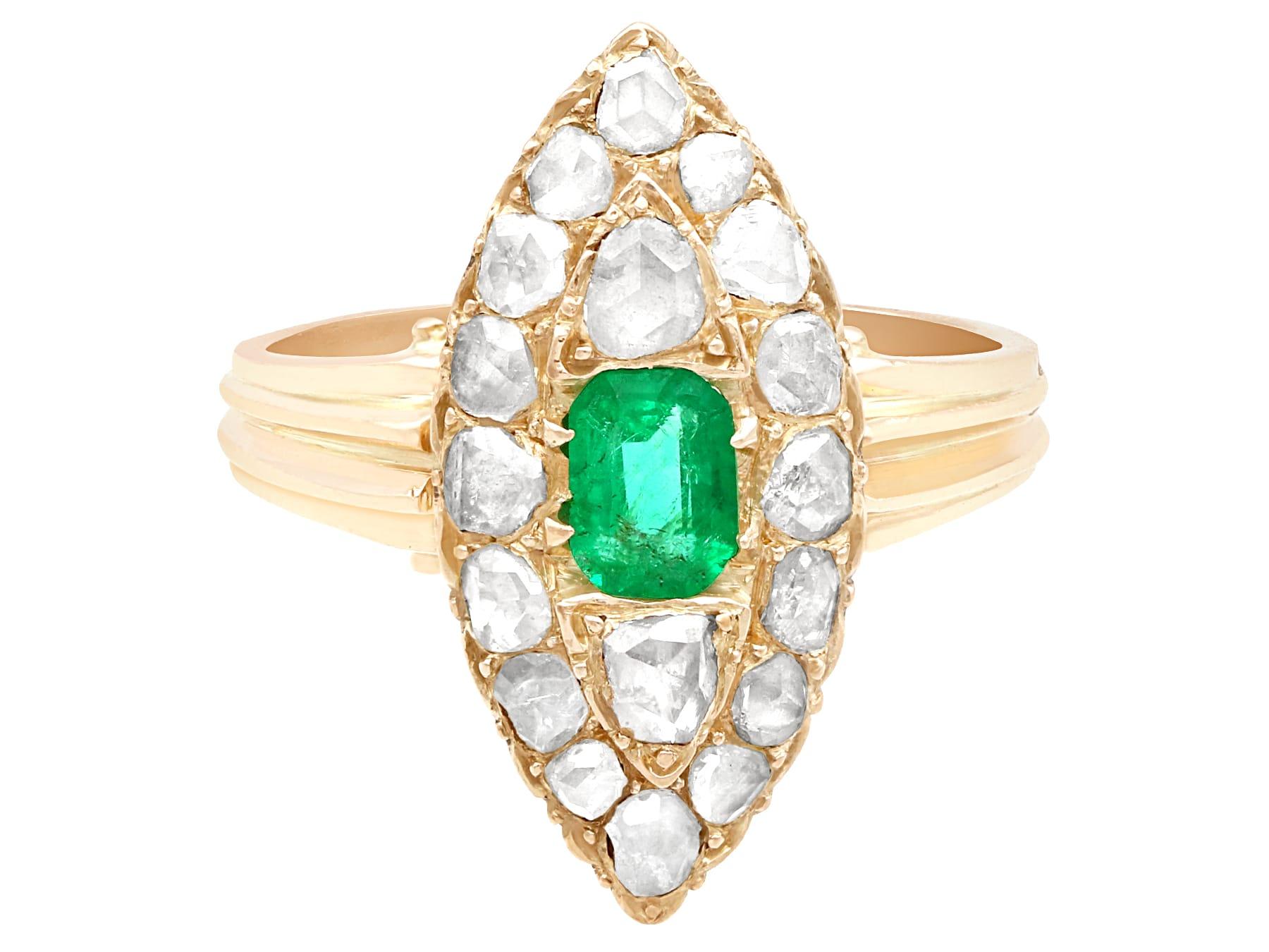 Women's Victorian Emerald Cut Emerald and 1.78 Carat Diamond Marquise Ring Yellow Gold For Sale