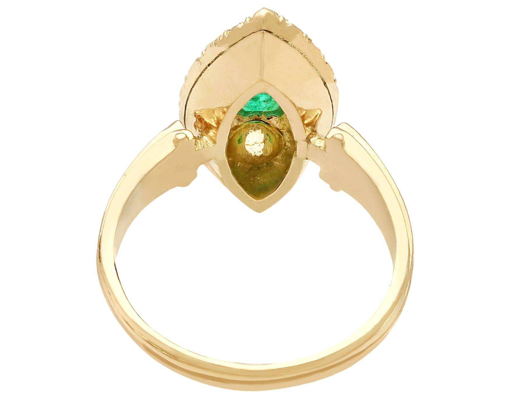 Victorian Emerald Cut Emerald and 1.78 Carat Diamond Marquise Ring Yellow Gold For Sale 1