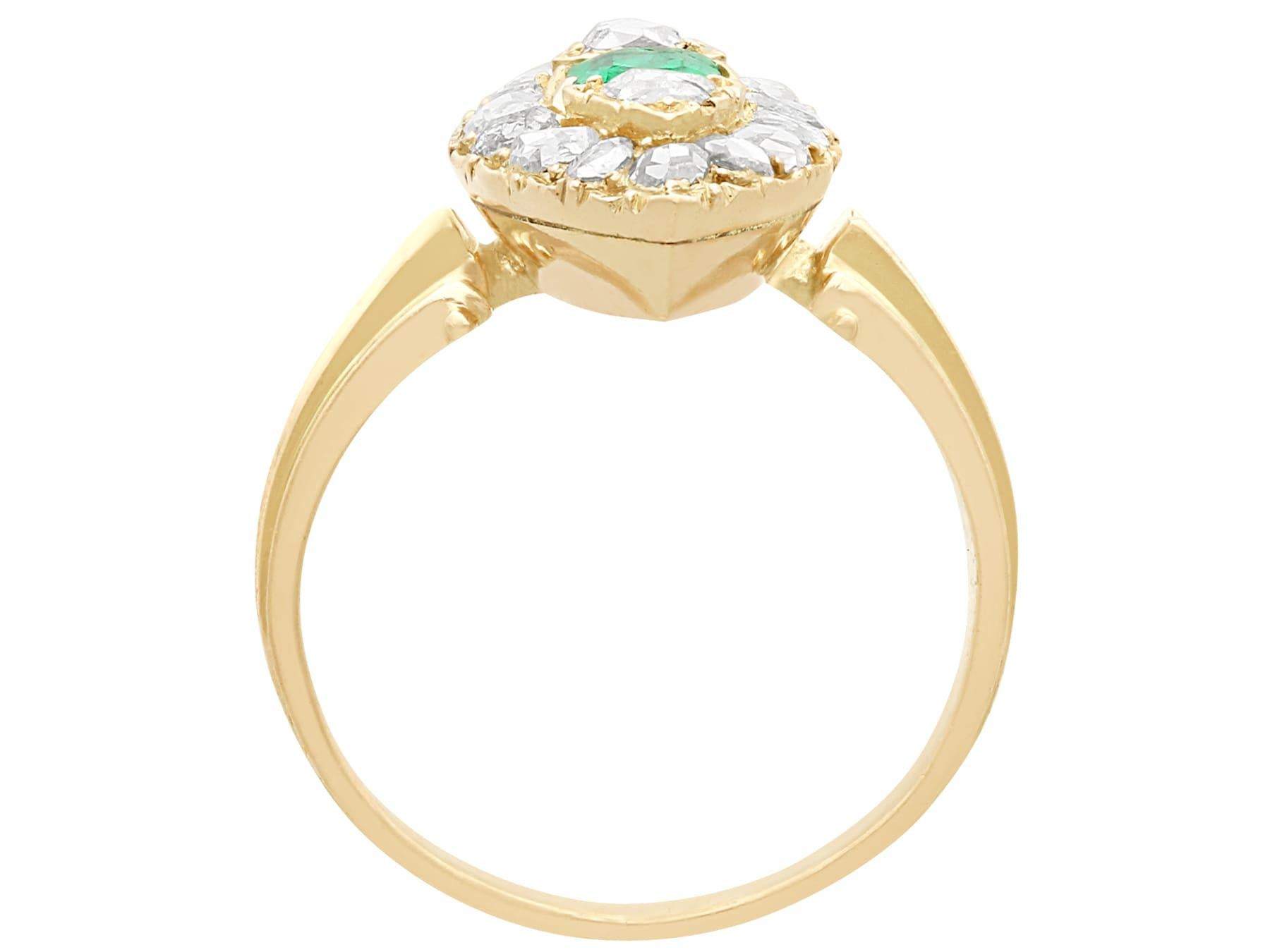 Victorian Emerald Cut Emerald and 1.78 Carat Diamond Marquise Ring Yellow Gold For Sale 2
