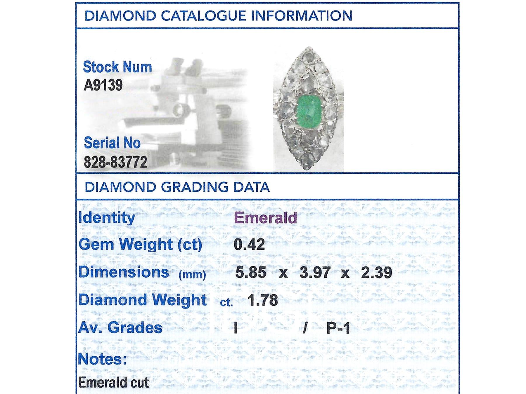 Victorian Emerald Cut Emerald and 1.78 Carat Diamond Marquise Ring Yellow Gold For Sale 3