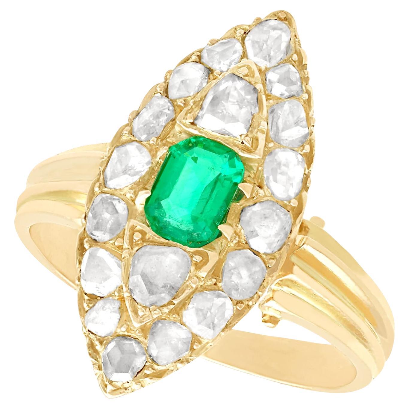 Victorian Emerald Cut Emerald and 1.78 Carat Diamond Marquise Ring Yellow Gold For Sale