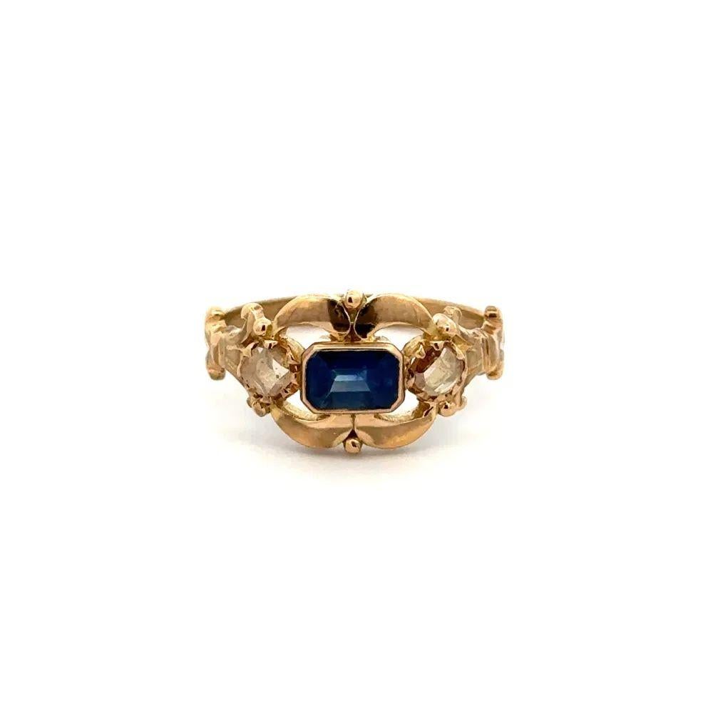 Victorian Emerald Cut Sapphire and Rose Cut Diamond Vintage Gold Ring In Excellent Condition For Sale In Montreal, QC