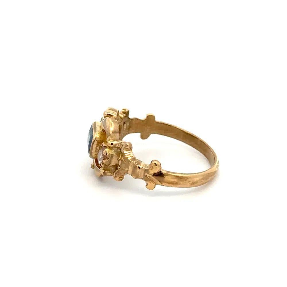 Victorian Emerald Cut Sapphire and Rose Cut Diamond Vintage Gold Ring For Sale 1