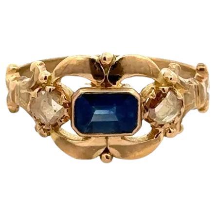 Victorian Emerald Cut Sapphire and Rose Cut Diamond Vintage Gold Ring