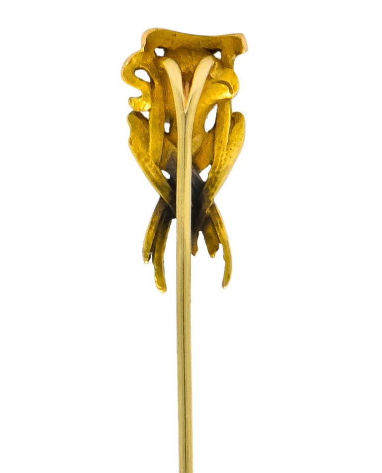 Oval Cut Victorian Emerald Diamond 14 Karat Yellow Gold Gargoyle Stickpin For Sale
