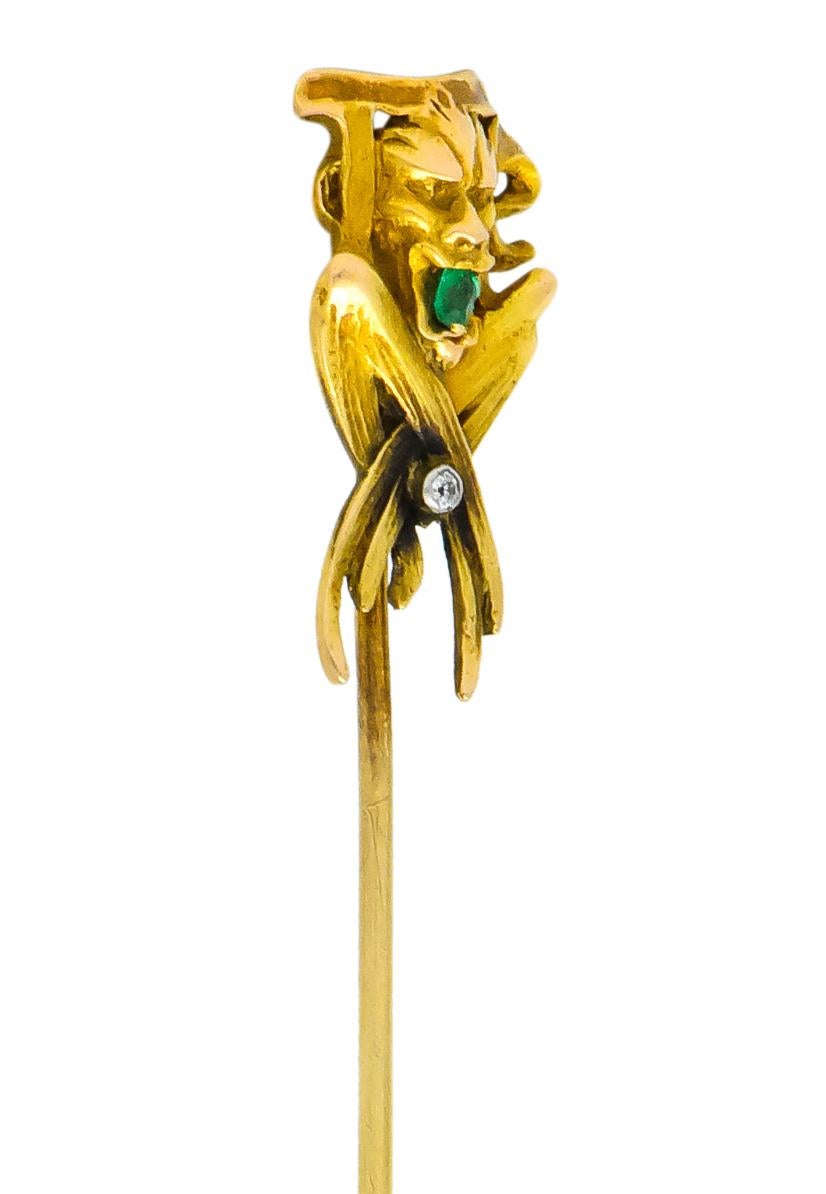 Victorian Emerald Diamond 14 Karat Yellow Gold Gargoyle Stickpin In Excellent Condition In Philadelphia, PA