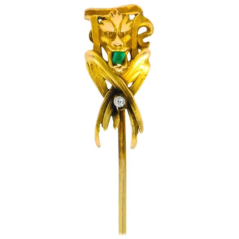 Victorian Emerald Diamond 14 Karat Yellow Gold Gargoyle Stickpin For Sale