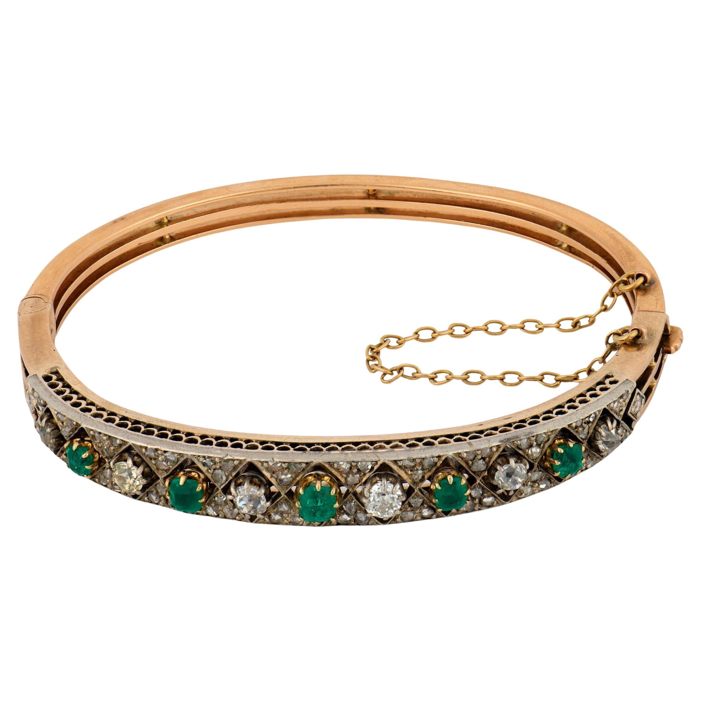 Victorian emerald diamond 14k rose gold and silver bangle For Sale
