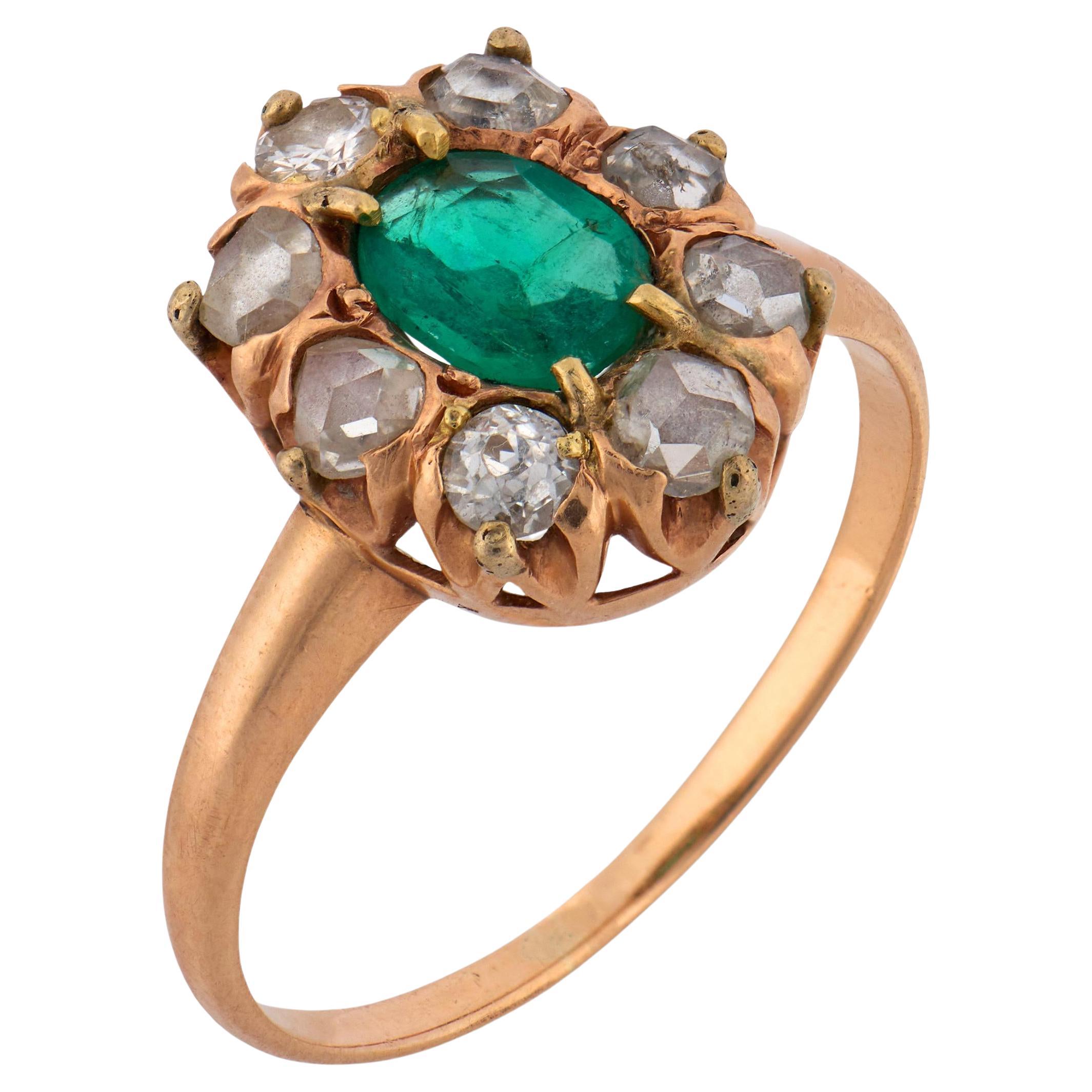 Viktorianischer Smaragd-Diamant 14k Rose gut Cluster-Ring