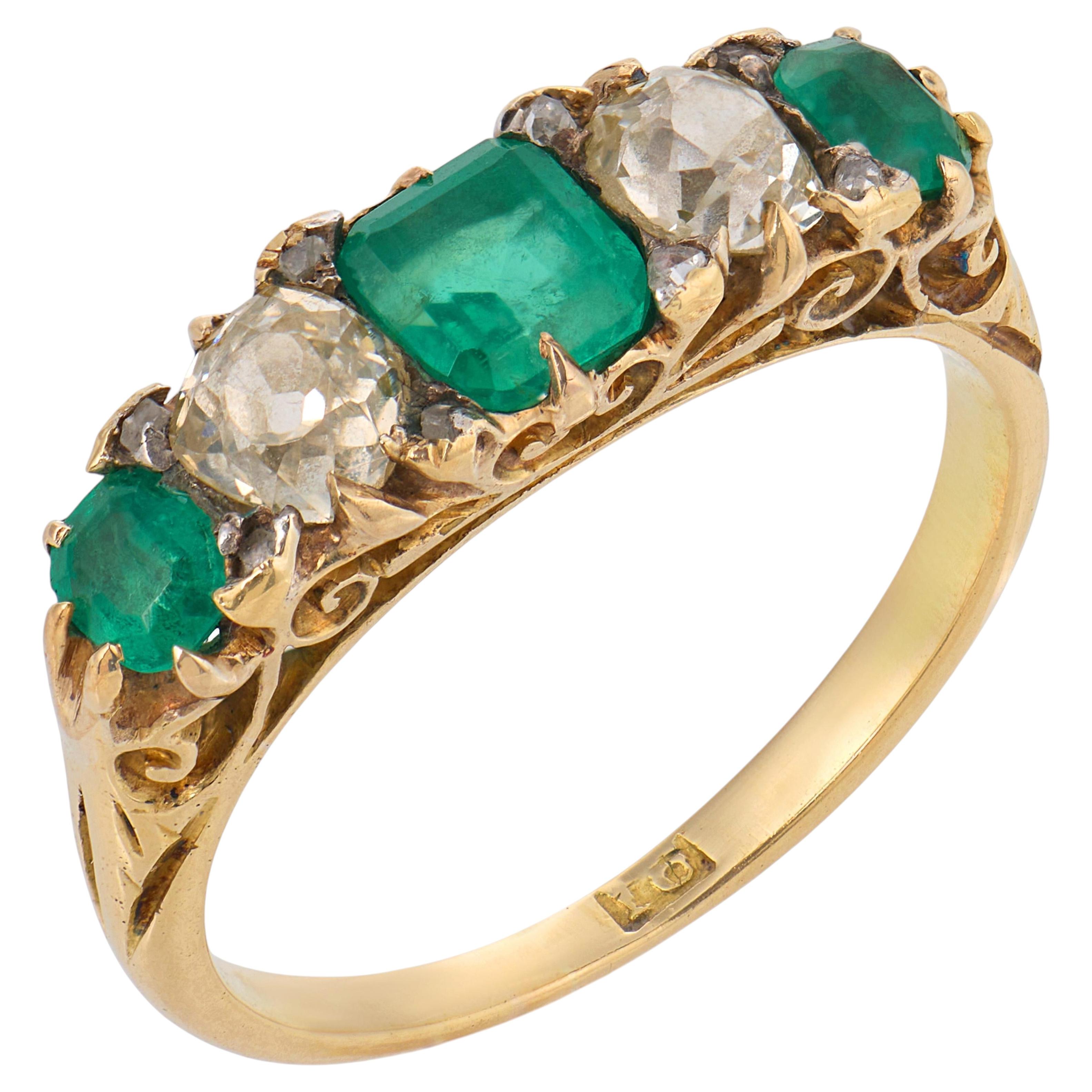 Victorian emerald diamond 14k yellow gold 5 stone ring