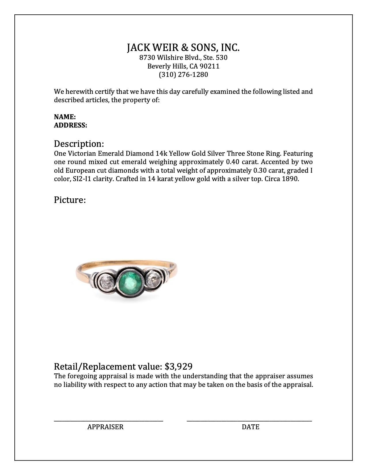 Viktorianischer dreisteiniger viktorianischer Smaragd-Diamant-Ring aus 14k Gelbgold und Silber für Damen oder Herren im Angebot