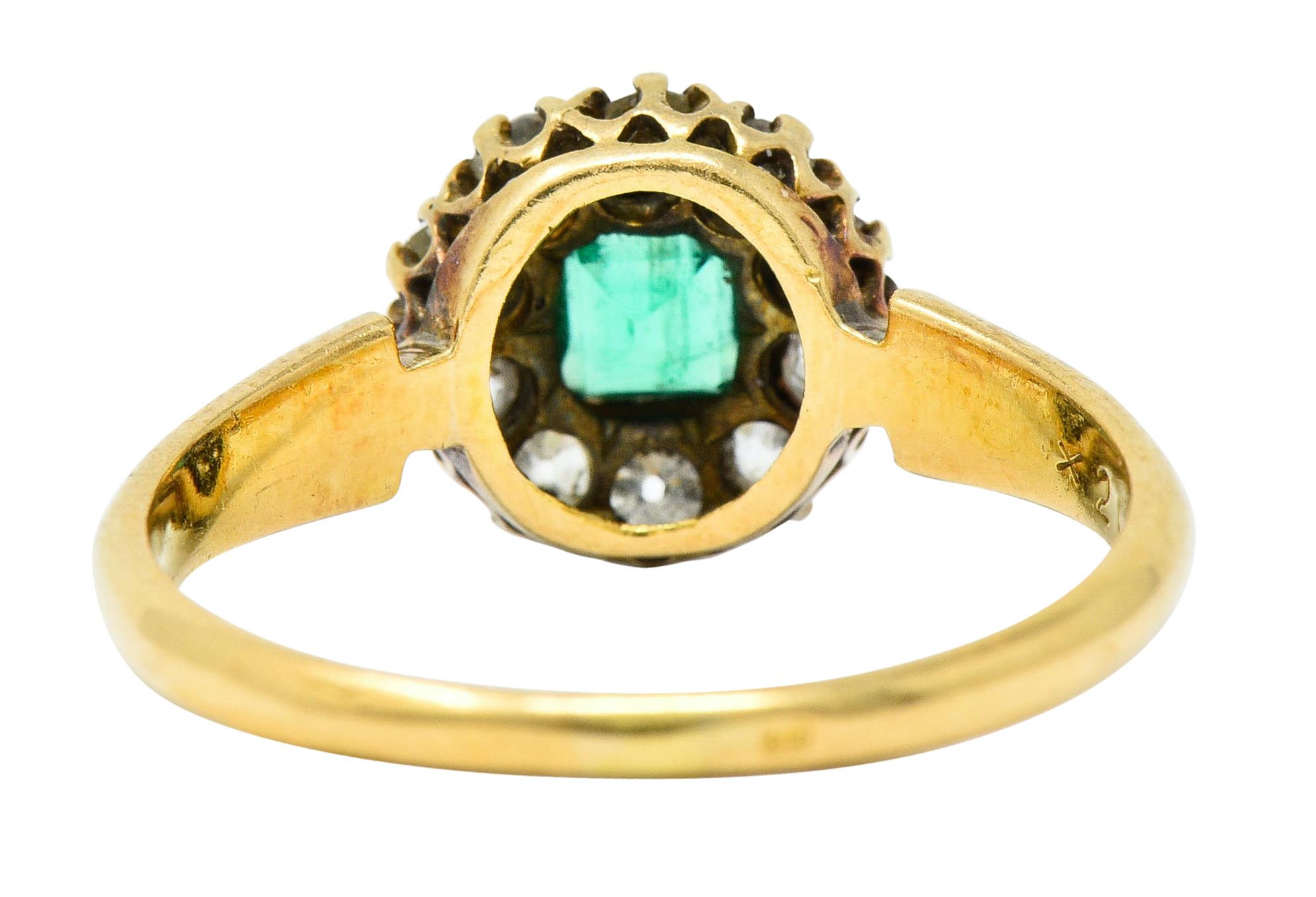 Victorian Emerald Diamond 18 Karat Gold Cluster Ring In Excellent Condition In Philadelphia, PA