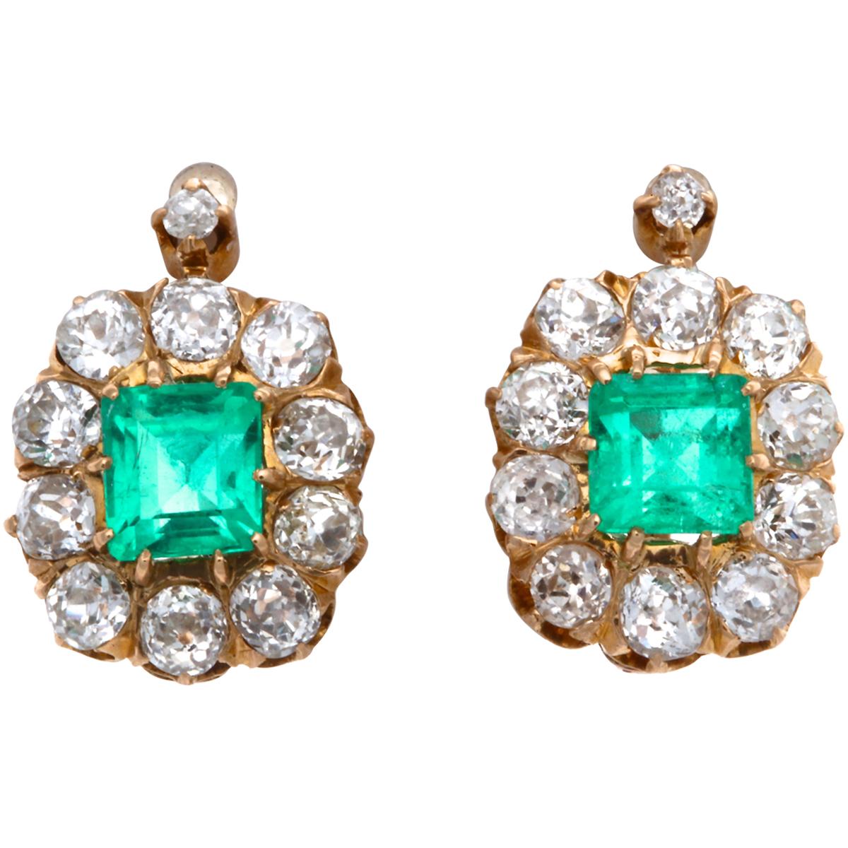 Victorian Emerald Diamond 18 Karat Gold Earrings