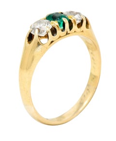 Victorian Emerald Diamond 18 Karat Gold Three Stone Ring Circa 1880's
