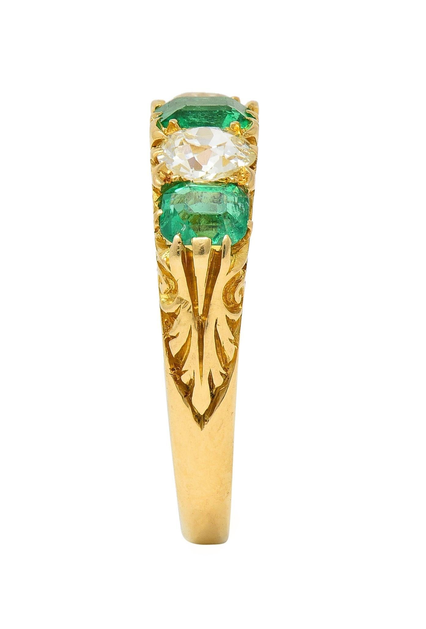 Victorian Emerald Diamond 18 Karat Yellow Gold Antique Five Stone Band Ring For Sale 5