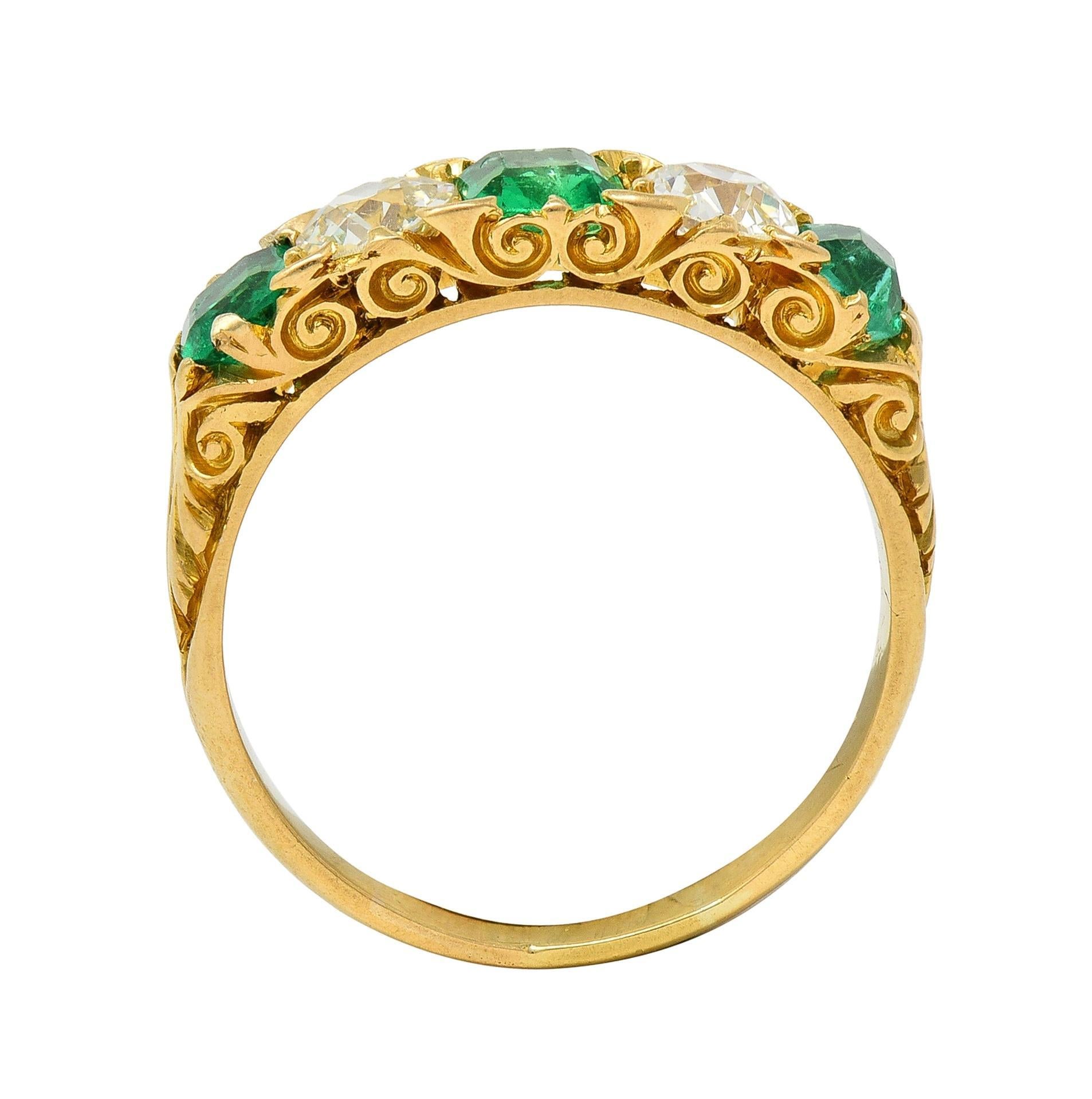 Victorian Emerald Diamond 18 Karat Yellow Gold Antique Five Stone Band Ring For Sale 6