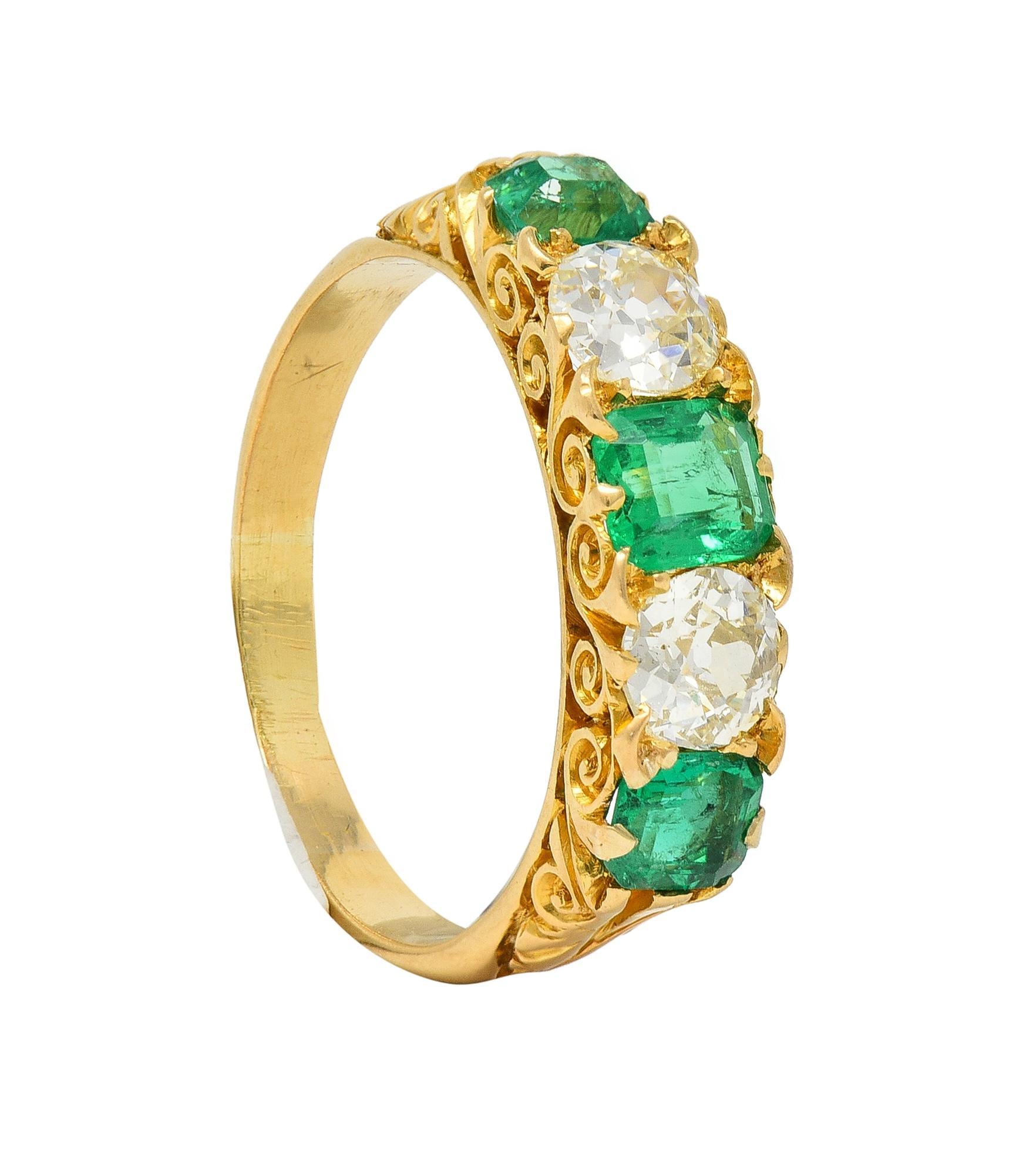 Victorian Emerald Diamond 18 Karat Yellow Gold Antique Five Stone Band Ring For Sale 7