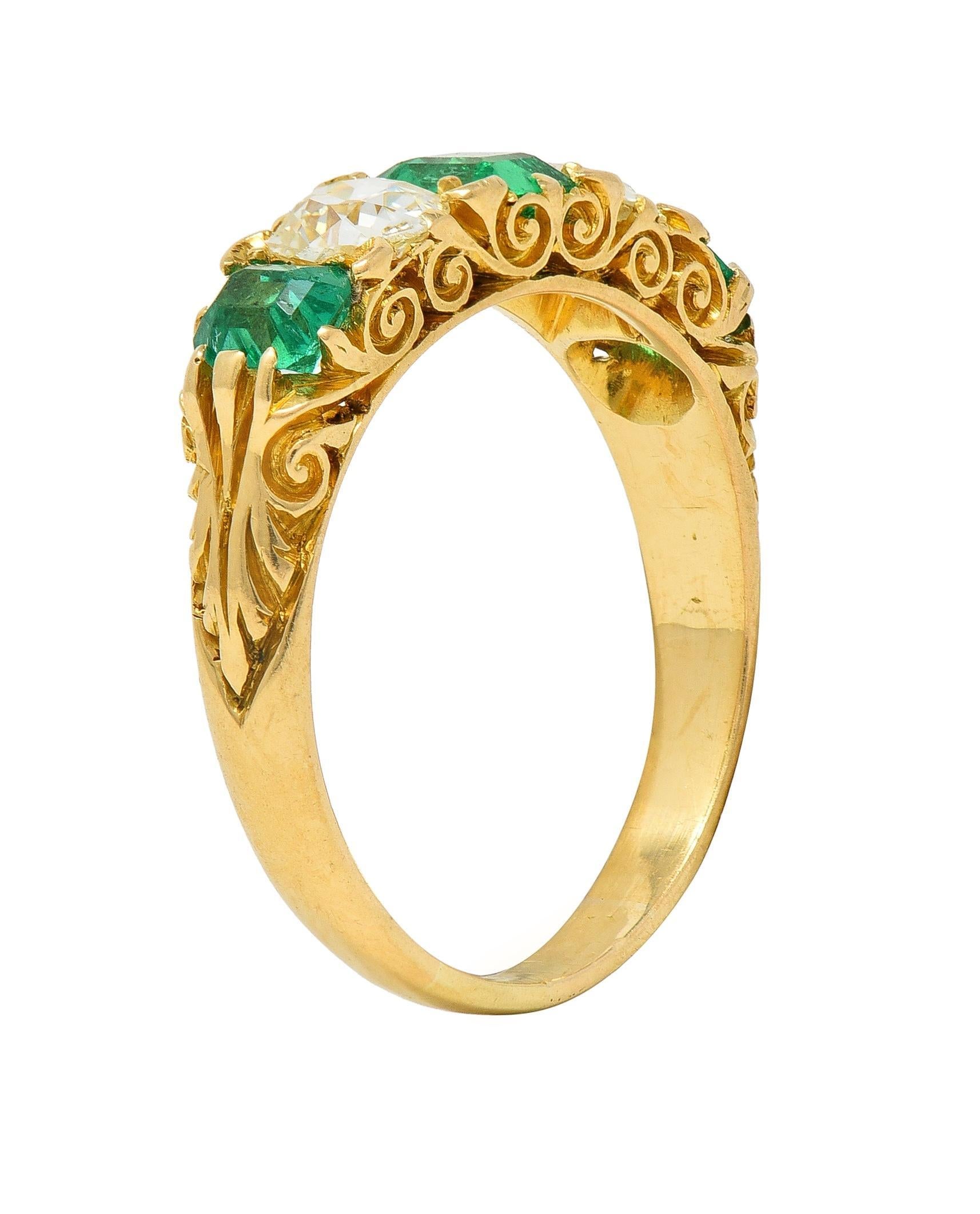 Emerald Cut Victorian Emerald Diamond 18 Karat Yellow Gold Antique Five Stone Band Ring For Sale