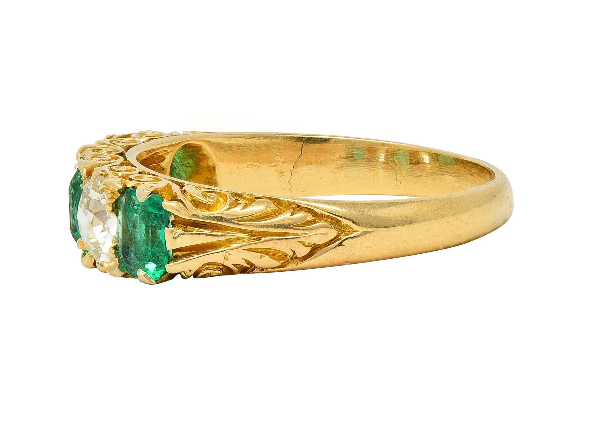 Victorian Emerald Diamond 18 Karat Yellow Gold Antique Five Stone Band Ring For Sale 1