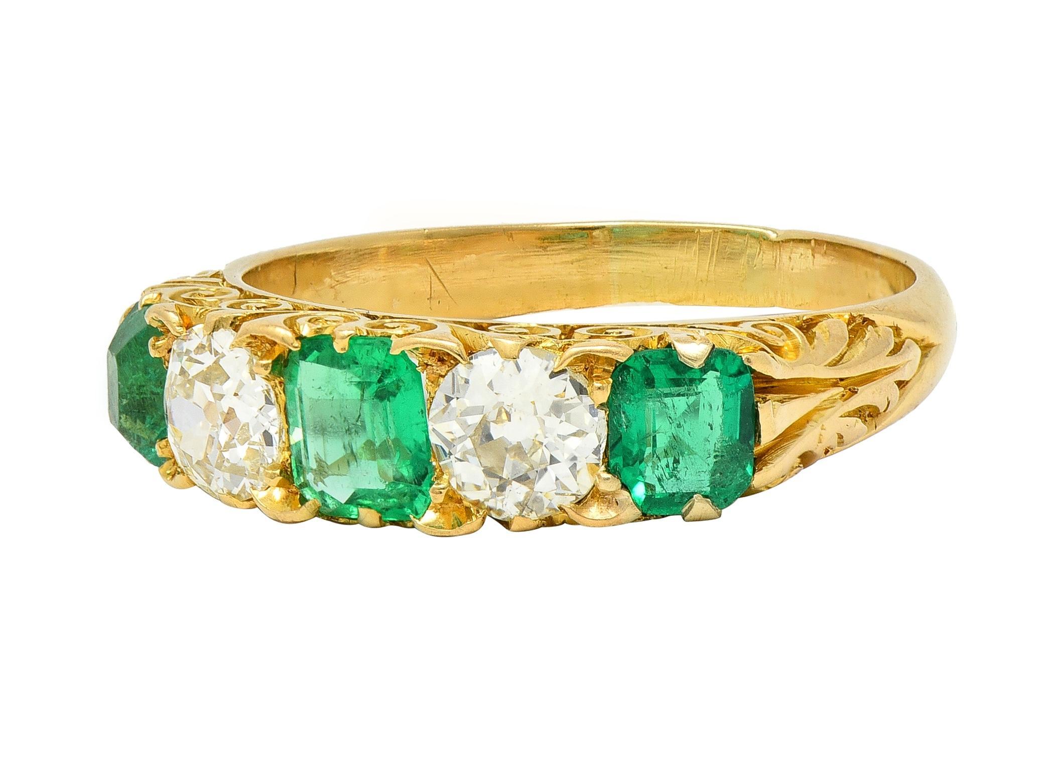 Victorian Emerald Diamond 18 Karat Yellow Gold Antique Five Stone Band Ring For Sale 2