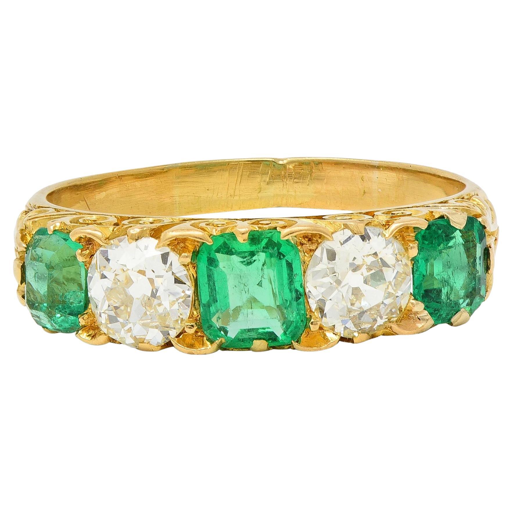 Victorian Emerald Diamond 18 Karat Yellow Gold Antique Five Stone Band Ring For Sale