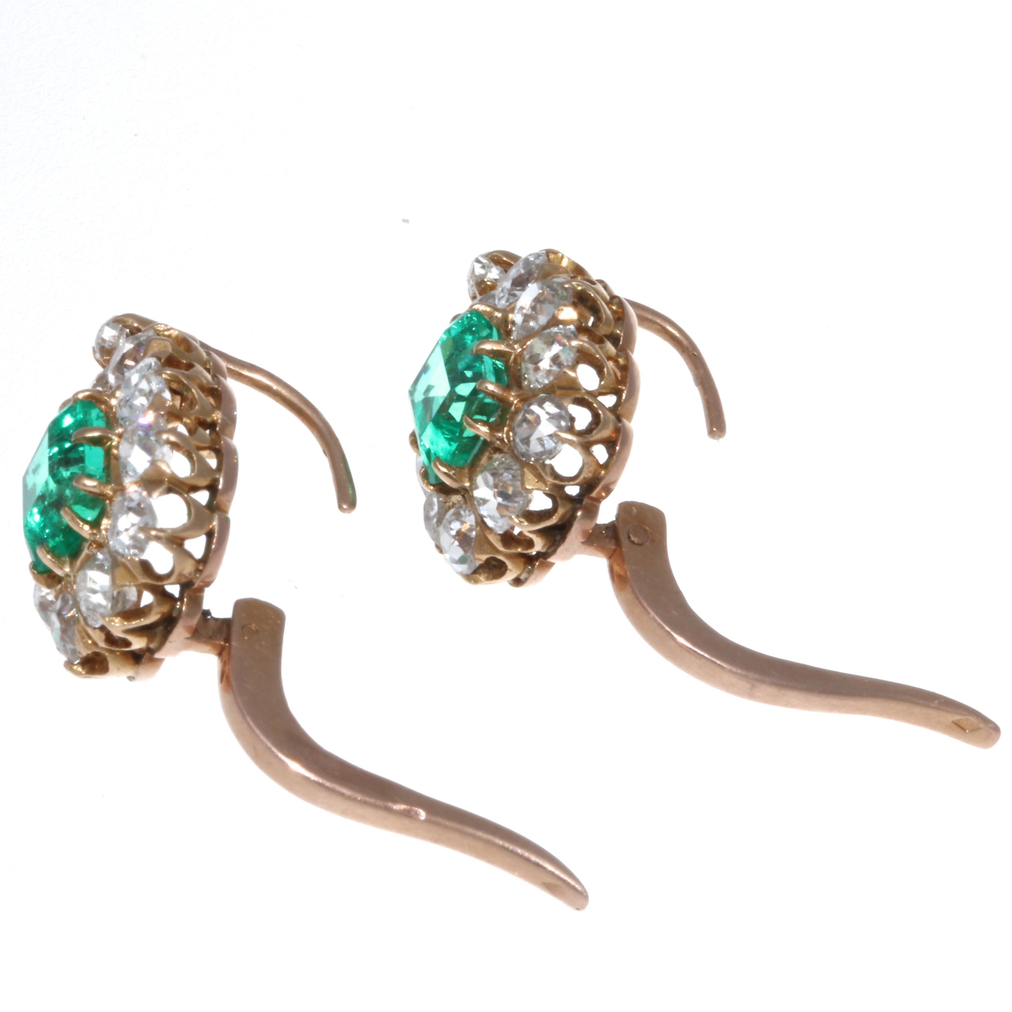 Emerald Cut Victorian Emerald Diamond 18 Karat Gold Earrings
